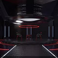 Futuristic Interior Design Featuring Red Neon Lights Two Chairs Central Table And Circular Light
