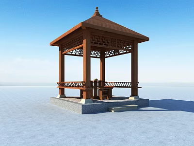 Traditional Wooden Pavilion With Carved Roof Stone Base And Bench 3d model