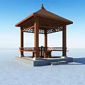 Traditional Wooden Pavilion With Carved Roof Stone Base And Bench