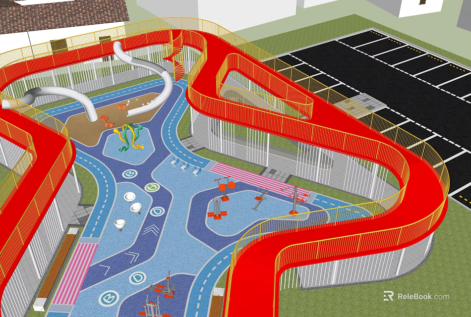 Vibrant Plaza Landscape With Red Winding Slides Blue Ground And Play Elements 3d model 