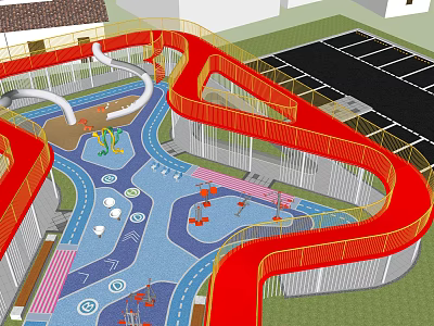 Vibrant Plaza Landscape With Red Winding Slides Blue Ground And Play Elements 3d model