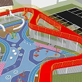 Vibrant Plaza Landscape With Red Winding Slides Blue Ground And Play Elements