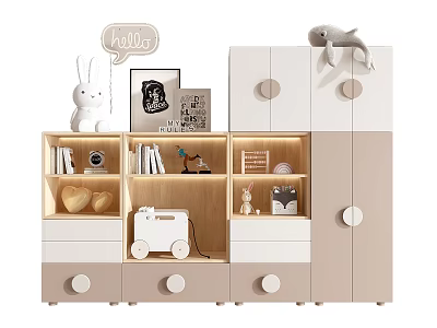 Kids Style Beige White Decorative Cabinet With Rabbit Dolphin Toys Fruits Sign And Round Knobs 3d model