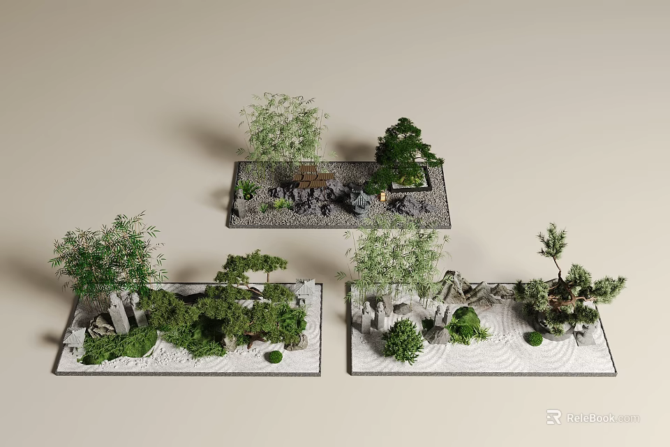 Japanese Zen Courtyard Garden Design With Green Plants Stones And Sand Patterns 3d model 