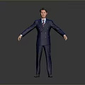 Man In Blue Pinstriped Suit Standing With Arms Outstretched On Gray Background
