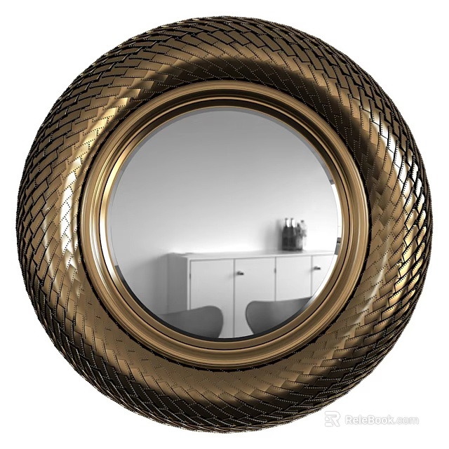 Round Gold Woven Texture Mirror Frame Reflecting White Cabinet And Black Vases 3d model 