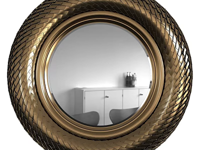 Round Gold Woven Texture Mirror Frame Reflecting White Cabinet And Black Vases 3d model