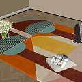 Square Area Rug with Colorful Geometric Patterns on Wooden Floor with Vase Magazine and Basket