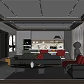 Modern Living And Dining Room Interior With Black Sofas Red Cushions And Linear Ceiling Lights 3d model