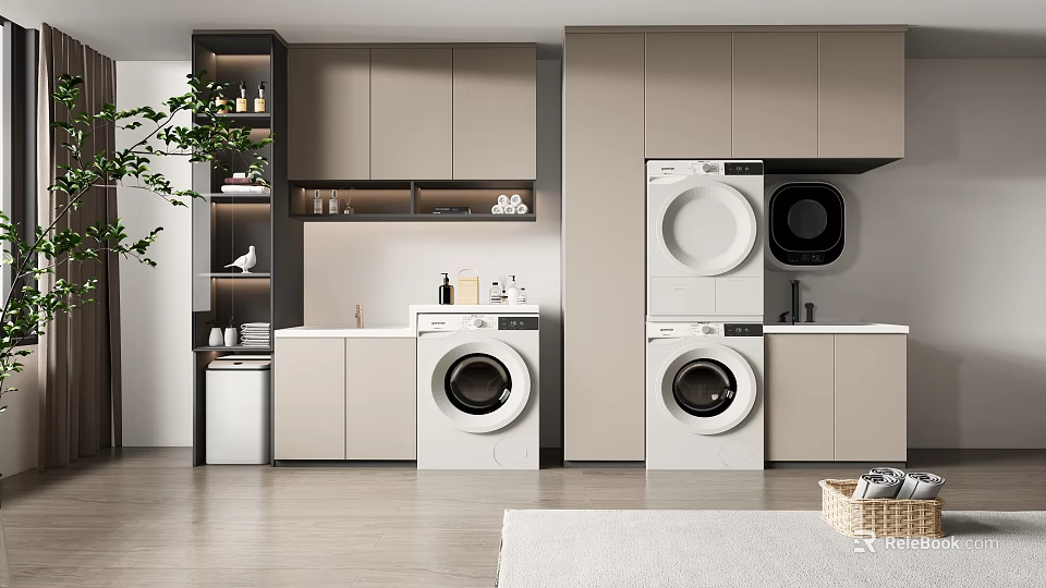 Modern Bathroom Cabinet Rack With Washing Machine Dryer And Storage Cabinets 3d model 