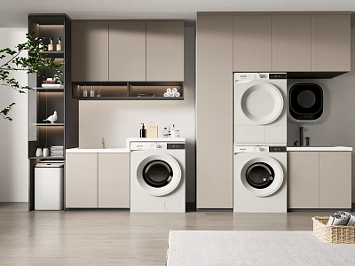 Modern Bathroom Cabinet Rack With Washing Machine Dryer And Storage Cabinets 3d model