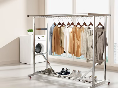 Metal Mobile Garment Rack With Hanging Clothes And Lower Shoe Shelves Indoor 3d model
