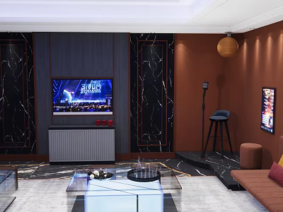Modern KTV Lounge Interior With Marble Walls Brown Accent LED TV And Glass Coffee Table 3d model