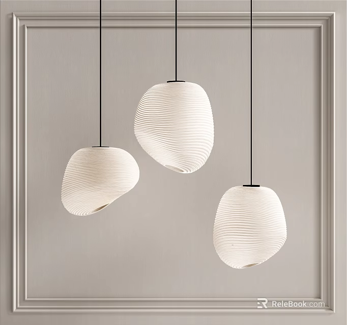 Three Modern White Textured Pendant Lights Hanging In Minimalist Home Interior Design 3d model 