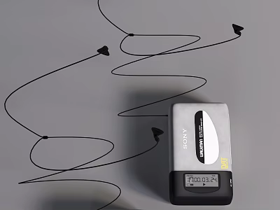 Sony Walkman Portable Audio Player With Coiled Headphone Wires And Directional Arrows 3d model