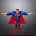 Superman Blue Costume Red Cape Yellow S Emblem Arms Outstretched Standing on Gray Background with Reflection