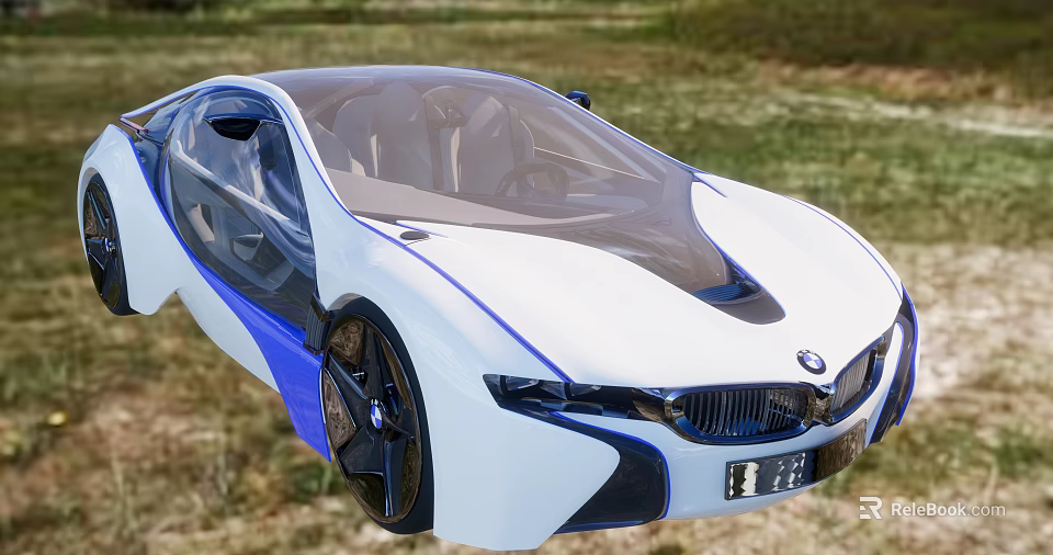 BMW Future Looking Concept Car With White And Blue Sleek Aerodynamic Design In Grassland 3d model 