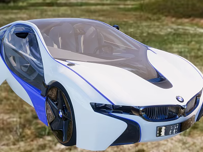 BMW Future Looking Concept Car With White And Blue Sleek Aerodynamic Design In Grassland 3d model