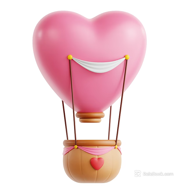 Pink Heart Shaped Hot Air Balloon With Brown Basket And Pink Heart Decorations 3d model 