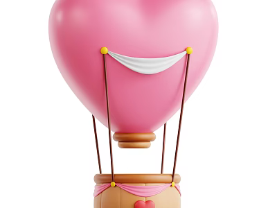 Pink Heart Shaped Hot Air Balloon With Brown Basket And Pink Heart Decorations 3d model