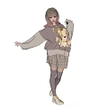 Pink haired woman wearing purple sweater with cartoon rabbit print white sleeves and plaid skirt