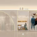 Modern Fashion Clothing Store with Window Display Mannequins Transparent Curtains and Circular Decorations