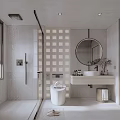 Minimalist Bathroom Interior With Round Mirror Square Tile Wall And Vanity Sink 3d model
