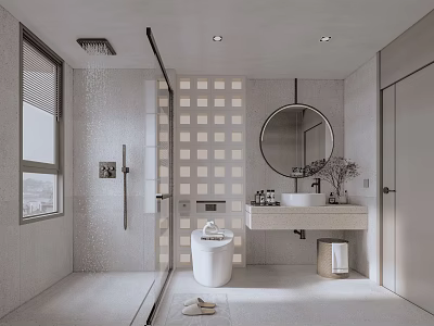 Minimalist Bathroom Interior With Round Mirror Square Tile Wall And Vanity Sink 3d model