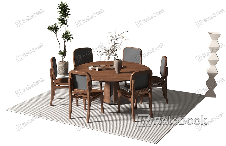 Dining Table and Chair Combination Jewelry Ornaments Floor Lamp Green Plant Potted Carpet Dry Branches Ornaments model