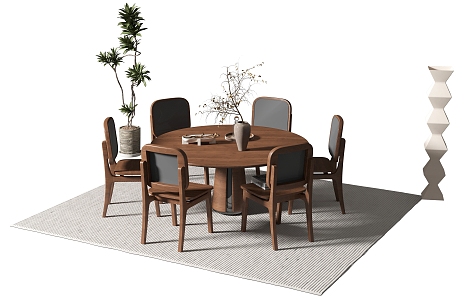 Dining Table and Chair Combination Jewelry Ornaments Floor Lamp Green Plant Potted Carpet Dry Branches Ornaments 3d model