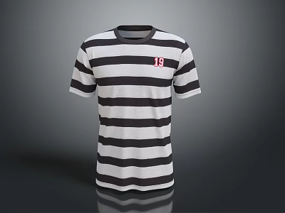 Black And White Striped Short Sleeve T-shirt With Red Number 19 On Chest 3d model