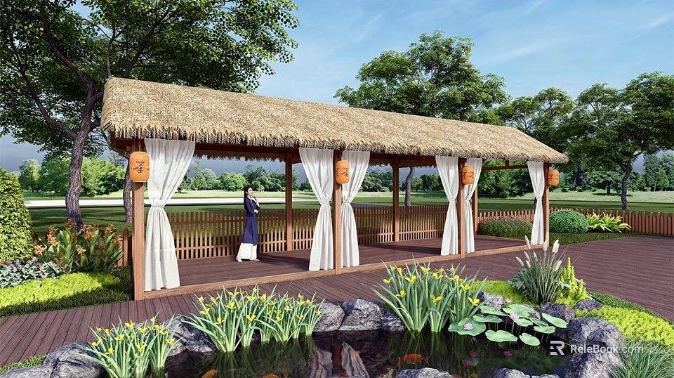 Rustic Thatched Roof Pergola with White Curtains and Wooden Structure in Garden Pond Setting 3d model 