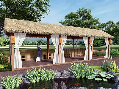 Rustic Thatched Roof Pergola with White Curtains and Wooden Structure in Garden Pond Setting 3d model