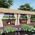 Rustic Thatched Roof Pergola with White Curtains and Wooden Structure in Garden Pond Setting