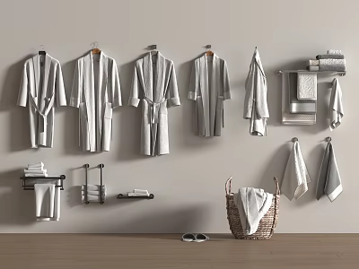 Organized Towels and Hanging Robes on Wall Mounted Shelves with Basket and Wooden Floor 3d model