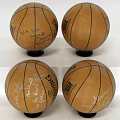 Autographed NBA Basketballs on Black Bases as Sports Equipment