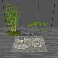 Zen Garden Ornament Featuring Bamboo Bonsai Tree Stones Circular Gravel Patterns on Wooden Deck