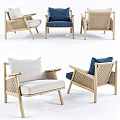 Modern Lounge Chairs With Wooden Frame Woven Rattan Back And Blue Beige Cushions