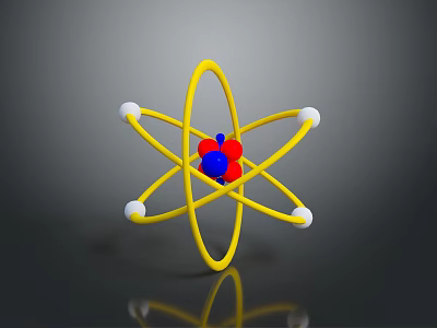3D Atomic Model Structure with Yellow Orbits Red Blue Nucleus and White Particles 3d model