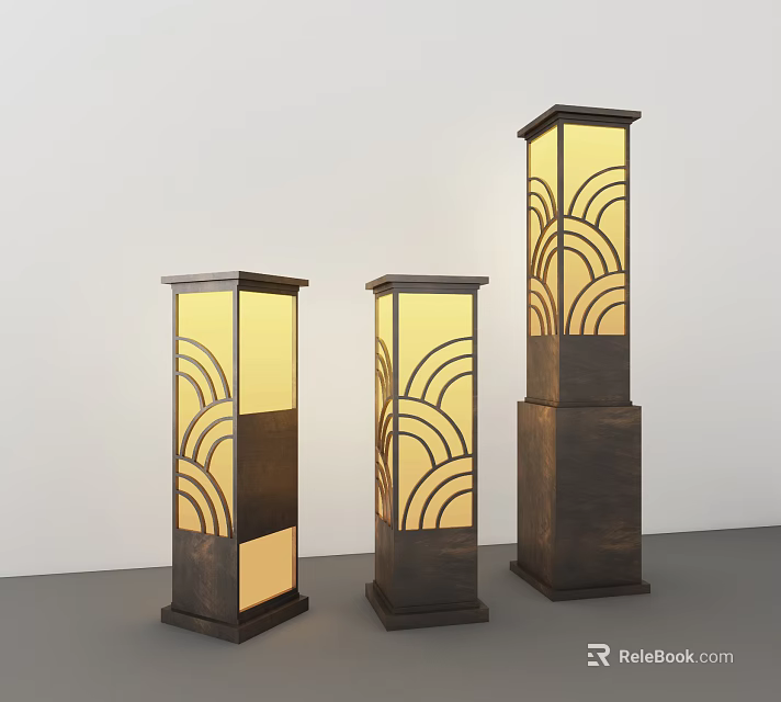 Illuminated Outdoor Column Lights With Fan Shaped Patterns And Translucent Shades 3d model 
