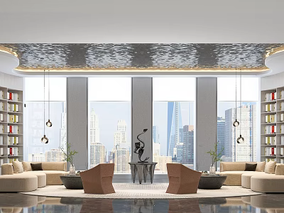 Hotel Public Lounge With Comfortable Sofas Bookshelves Hanging Lamps And City Skyline View 3d model