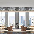 Hotel Public Lounge With Comfortable Sofas Bookshelves Hanging Lamps And City Skyline View