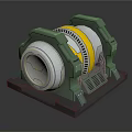 Futuristic Cylindrical Sci Fi Mechanical Device With Green Frame Yellow Ring Gray Base And Vent Grilles