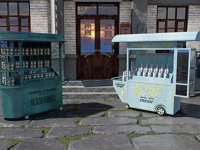 Urban Public Facility With Colorful Street Carts Selling Coffee And Fresh Orange Juice 3d model