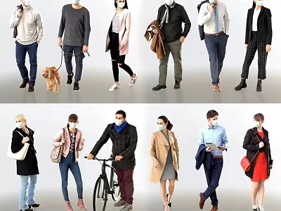 Diverse People Wearing Masks in Different Outfits Walking Cycling With Pets and Carrying Bags 3d model
