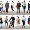 Diverse People Wearing Masks in Different Outfits Walking Cycling With Pets and Carrying Bags