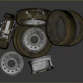 Multiple Old Car Tires With Metal Rims Stacked On Dark Background Surface
