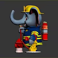Game Movie Character Elephant Firefighter With Blue And Yellow Uniform Fire Helmet Hose And Hydrant