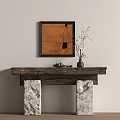 Wooden Console Table With Marble Pillars Vase Flower Branches Fruits And Abstract Orange Black Wall Art