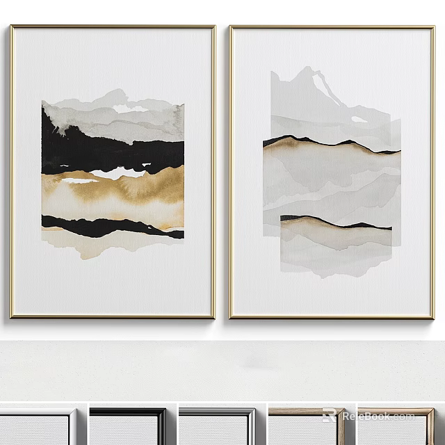 Modern Abstract Paintings Two Panel Wall Art With Black White Gold Tones 3d model 